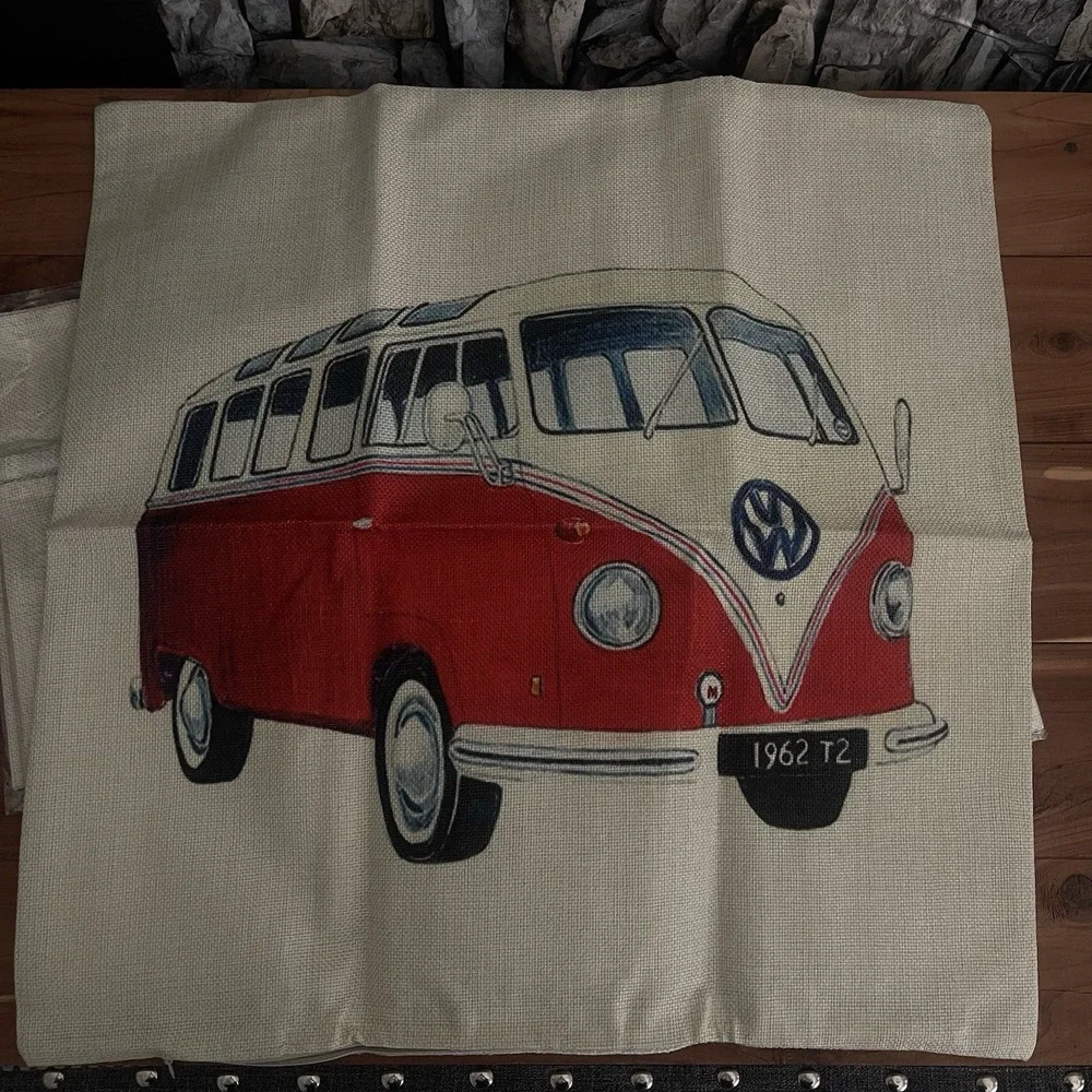 VW BUS Canvas Throw Cover Pillows Cars Surf Beach Zipper Closure Two Covers